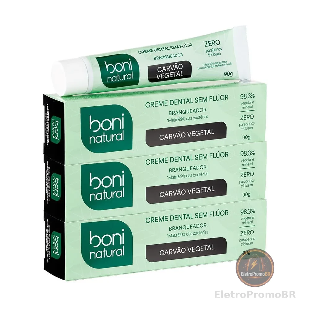 BONI NATURAL - Creme Dental Carvão Ativado Branqueador Com Carvão Vegetal, Sem Flúor, Sem Triclosan, 90g, 3 unidades Leve Mais Pague Menos