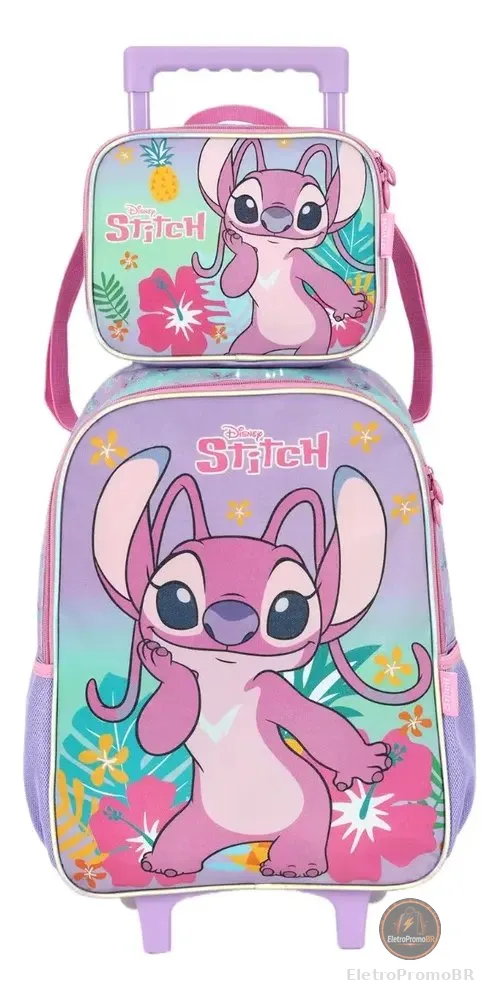 Escolar Mochila Rodinhas Com Lancheira Stitch Ic42382sc Cor Roxo Desenho do tecido Liso