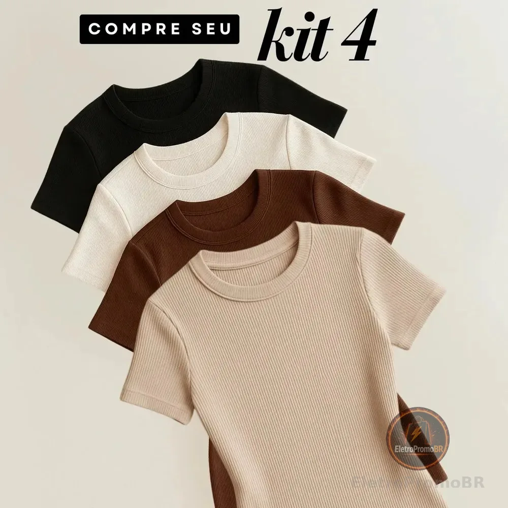 Kit 4 Blusas Feminina Ribana Canelado Estilosa Básica Casual Preto, Branco, Marrom E Nude Liso M/g (36/42)