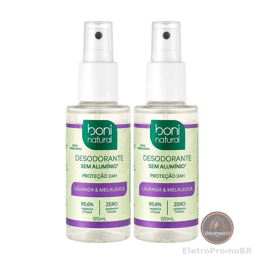 BONI NATURAL - Desodorante Spray Natural e Vegano com Óleos Essenciais de Melaleuca e Lavanda, 24 horas de proteção, Sem Alumínio, Sem Parabenos, Sem Triclosan, 120ml, 2 unidades Leve Mais Pague Menos