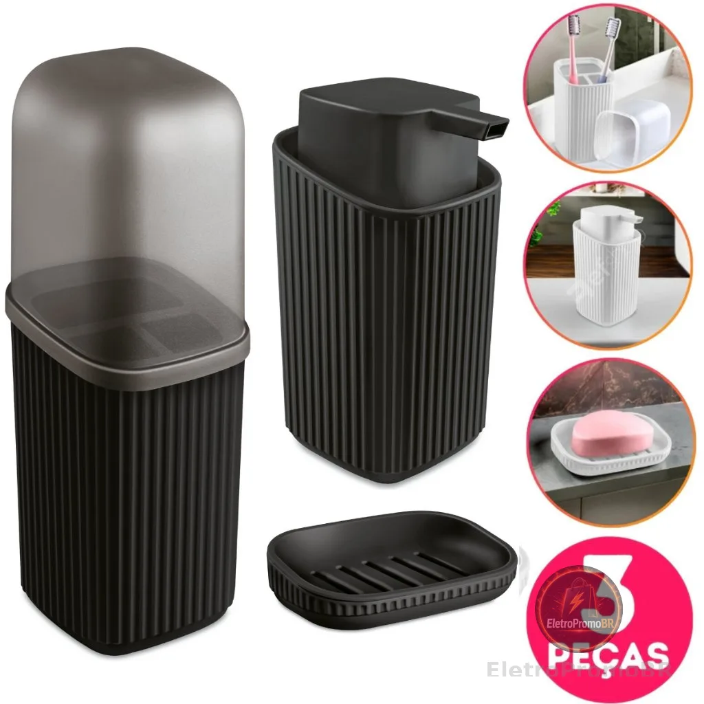 Kit 3 Acessórios Banheiro com Porta Sabonete Líquido, Porta Escovas e Saboneteira com Escorredor Av