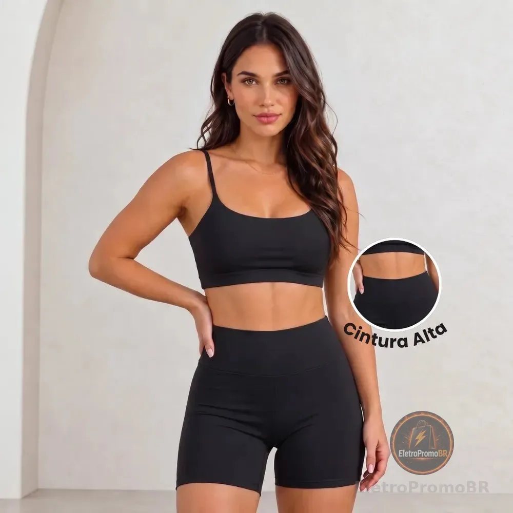 Conjunto Top Shorts Academia Fitness Virginia Cintura Alta Preto Liso G