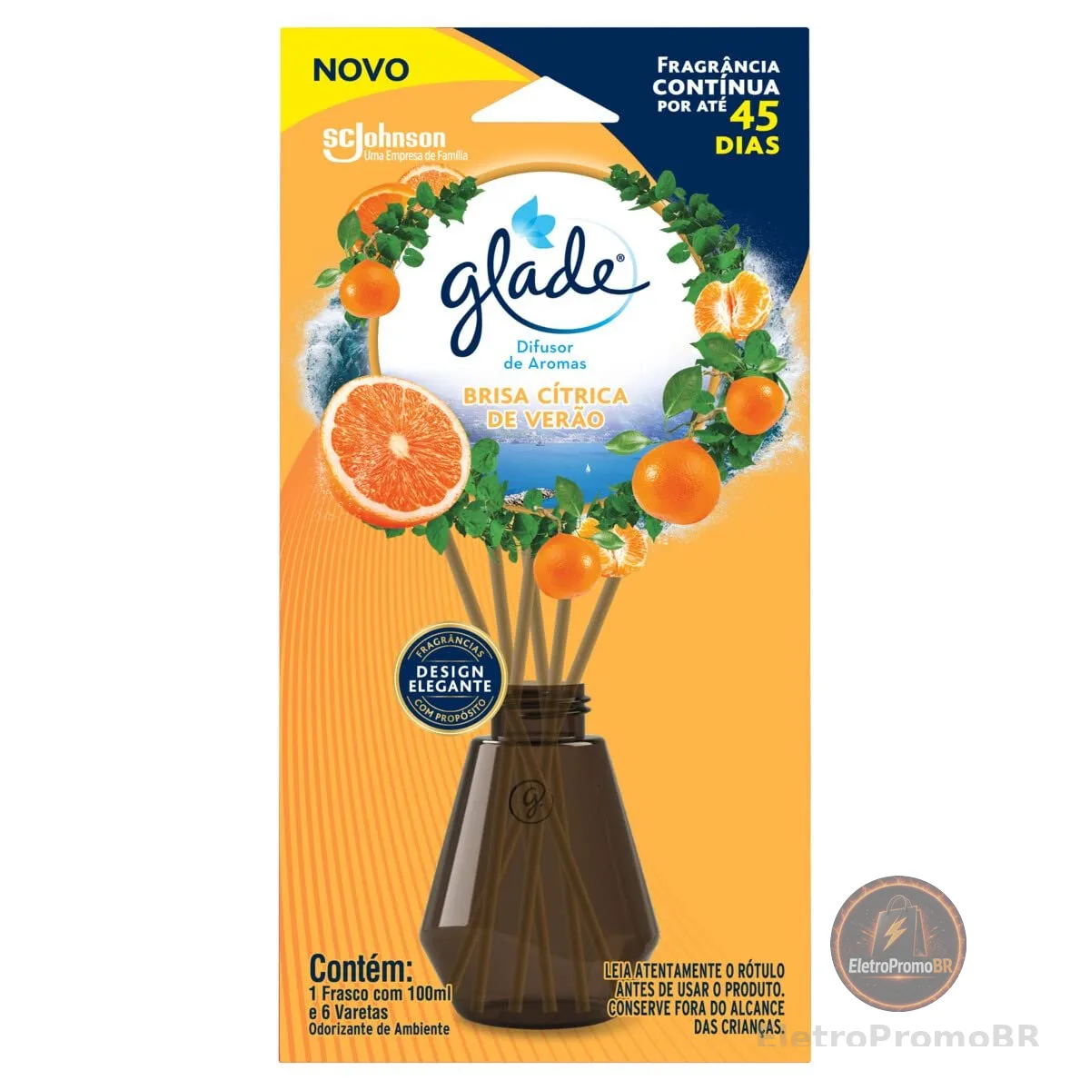 Glade Difusor de Ambiente Base Cítrica de Verão, Frasco 100ml e 6 Varetas