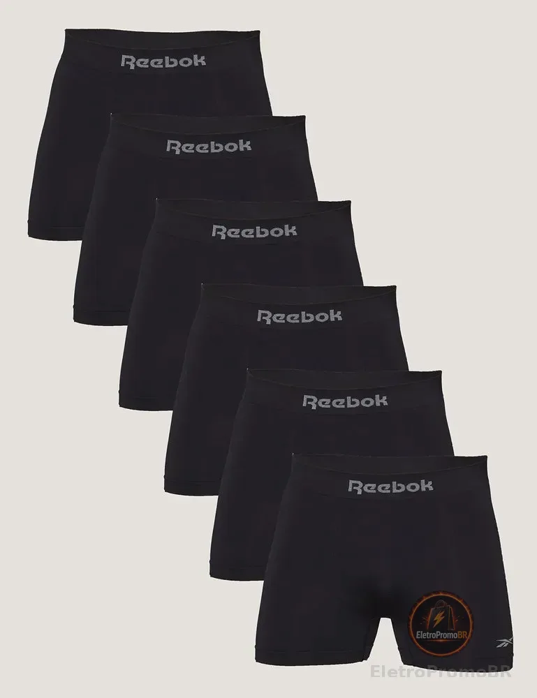Kit 6 Cuecas Reebok Boxer Masculino Poliamida Preto Liso M