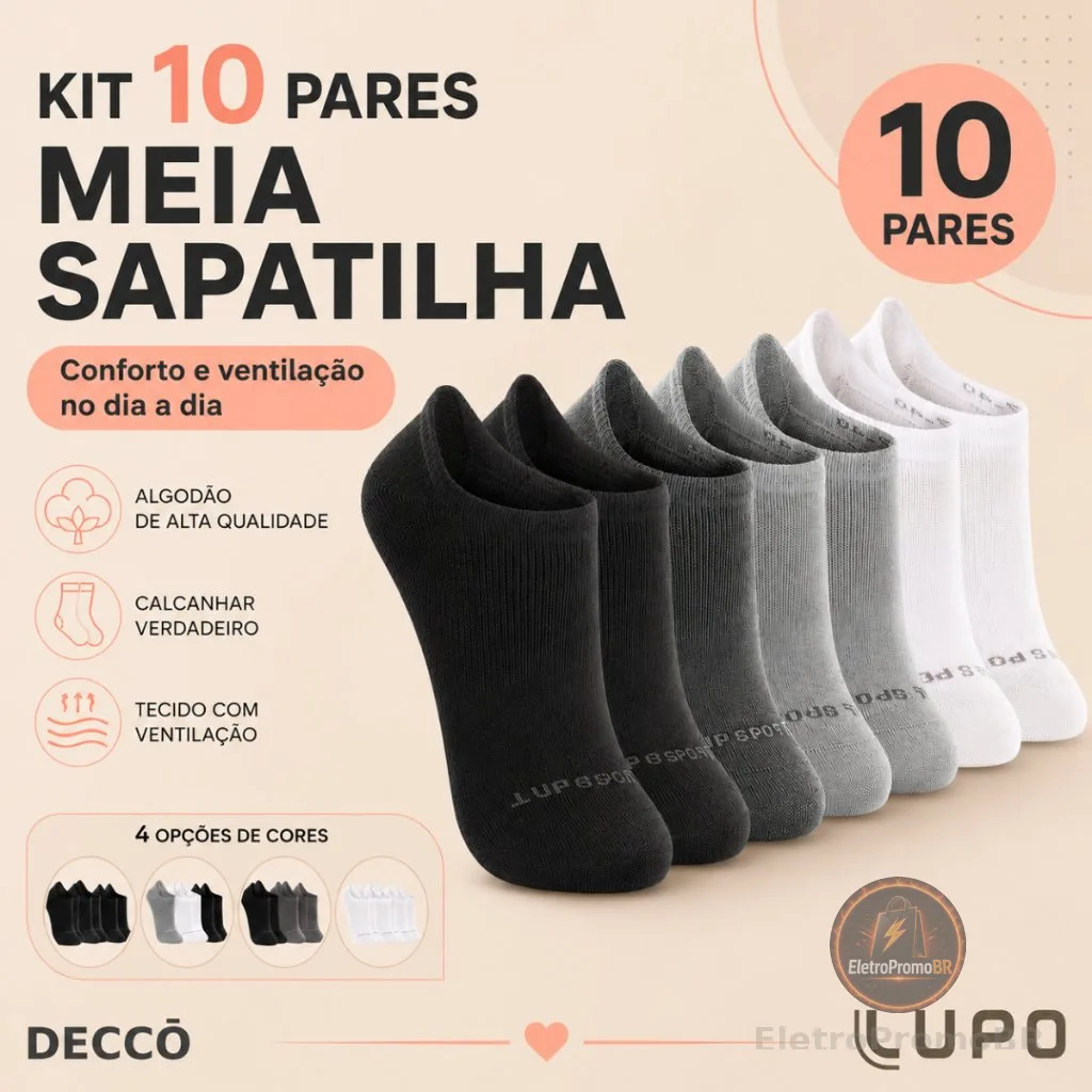 Kit 10 Pares Meias Lupo Sport Cano Invisível Algodão Soquete Sapatilha Unissex Original Confortável