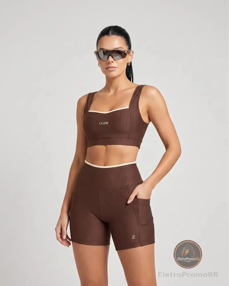 Conjunto Corrida Academia Top E Short Bolsos Correr Canelado Marrom Microcanelado G 42-44