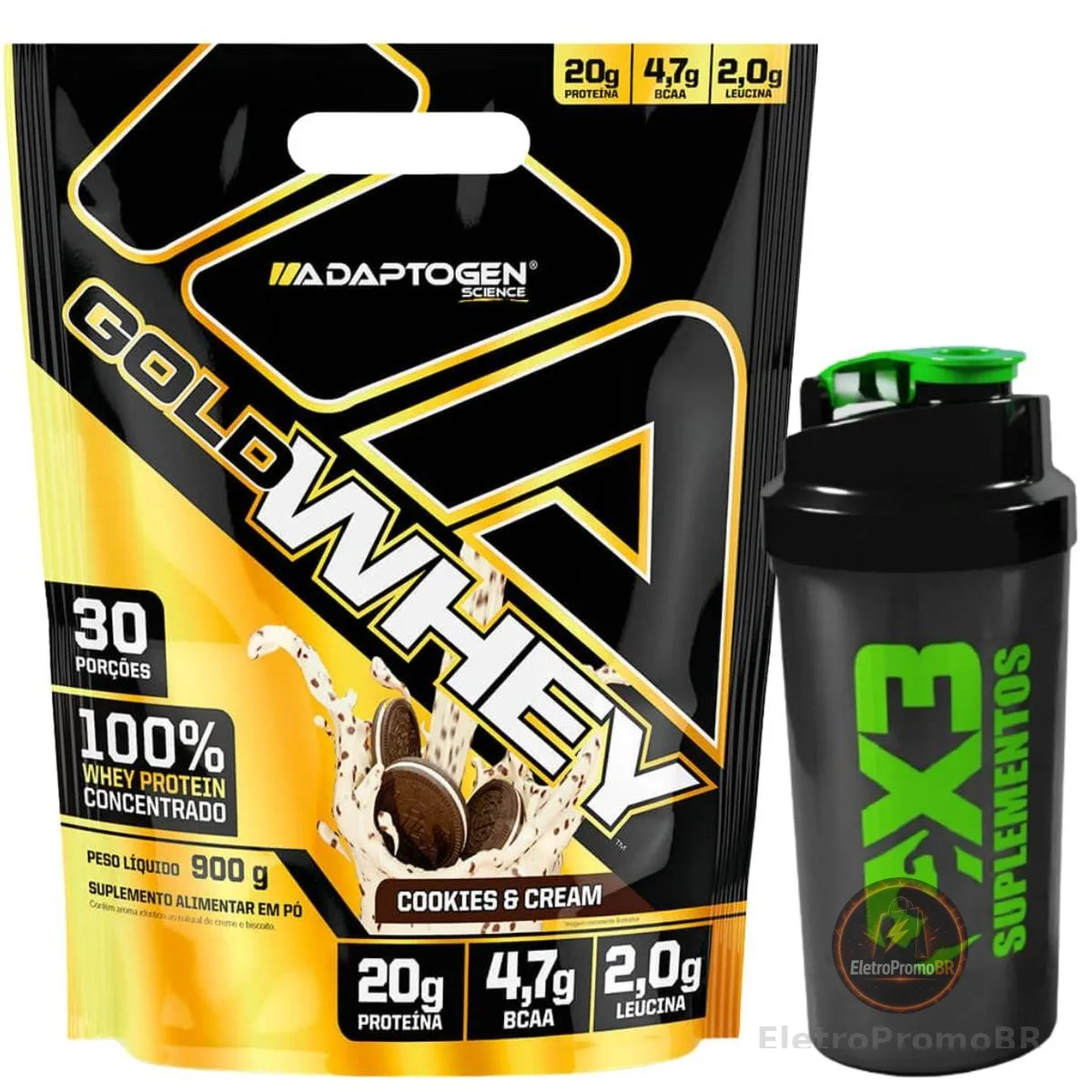 Kit Gold Whey Sabor Cookies and Cream 900g - Adaptogen Science + Coqueteleira 600g - X3 Suplementos