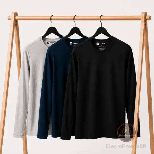 Kit 3 Camiseta Manga Longa Masculina Slim Algodão 30.1 Zaroc