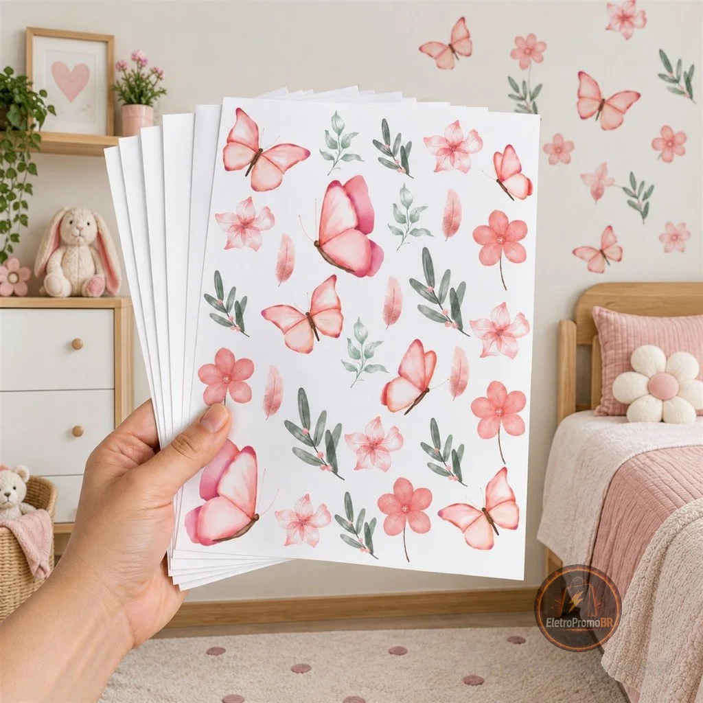 Adesivo De Parede Decorativo Borboletas Floral Raminhos Flores Rosa Quarto Menina Feminino
