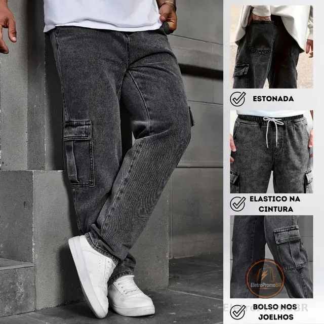 Calça Cargo Masculina Jeans Cós De Elástico Streetwear Larga