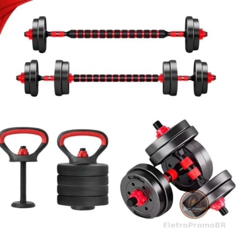 Kit Treino Funcional 10/15/20kg Halteres Barra Supino Kettlebell Preto