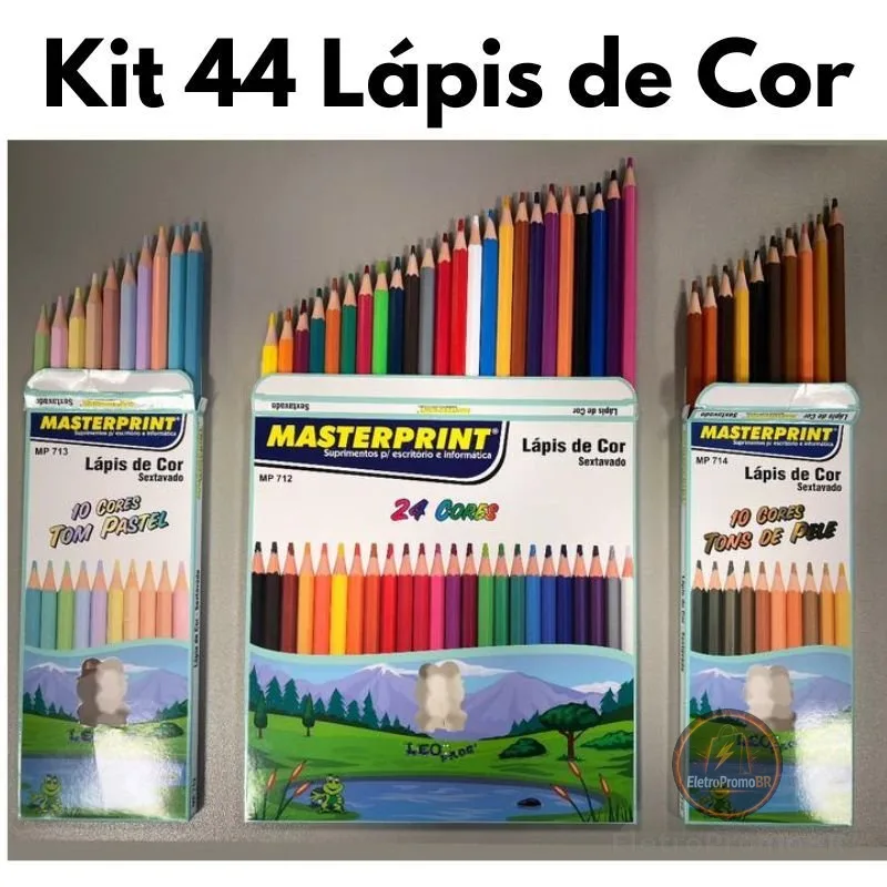 Kit 44 Lápis de Cor (24 CORES + 10 Cores Tom Pastel +10 Cores Tons de Pele) Escolar Sextavado