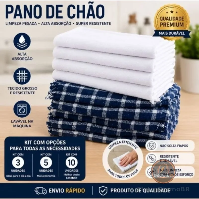 Pano de Chão Grande duplo premium  70x40cm – Algodão Puro, Alta Absorção e Limpeza Sem Esforço