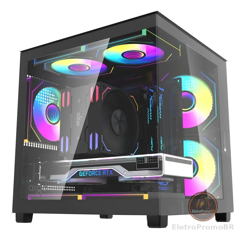 Gabinete Gamer Aigo Luna A275 Preto Mini-Tower com Lateral de Vidro e 3 Fans Rainbow