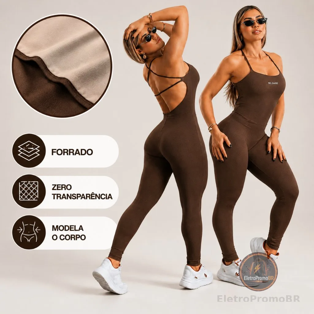 Macacão Academia Forrado Feminino Longo Fitness com Costas Abertas e de Alças Cruzadas em Suplex