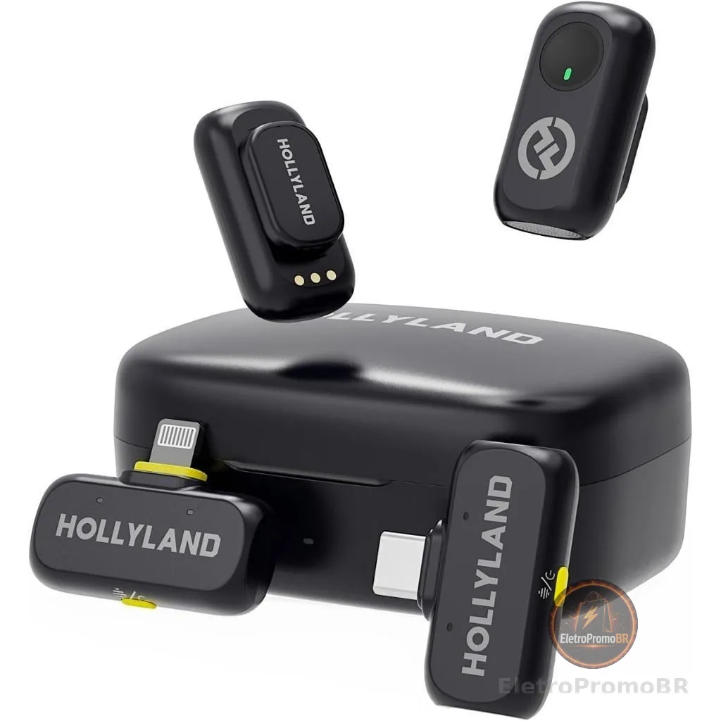 Microfone Lapela Hollyland Lark A1 Combo Preto P/ iPhone e Android USB-C Lighting