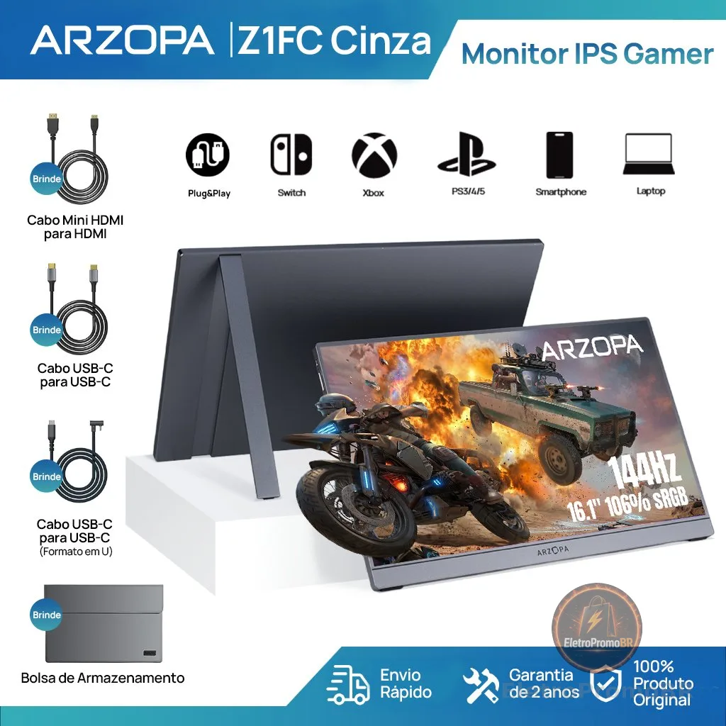 Monitor Gamer Portátil ARZOPA 16.1" 1080P, 144Hz, 106% sRGB, HDR, para Mac, PC, Switch e PlayStation
