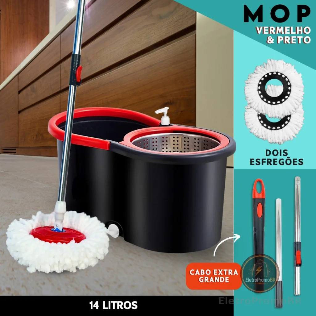Mop Giratorio Com cabo de 140 cm Cesto Em Inox - Balde Centrífuga - C/2 Refil | Bnvt