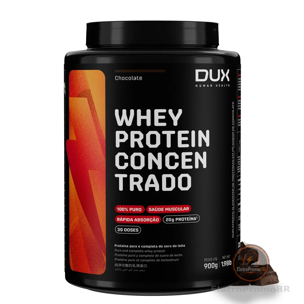DUX HUMAN HEALTH Whey Protein Concentrado 900g Chocolate – 23g de Proteína e 5g de BCAAs por Porção