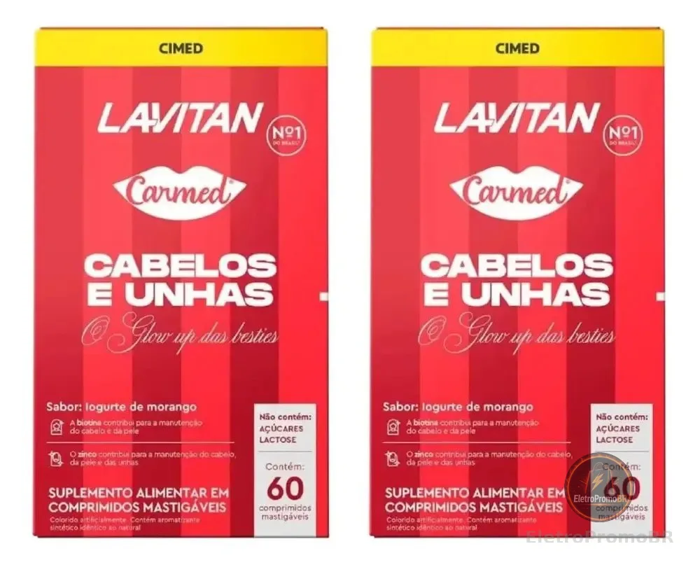 Kit 2 Lavitan Carmed Cabelos E Unhas 60cps | Força E Cresc Iogurte De Morango