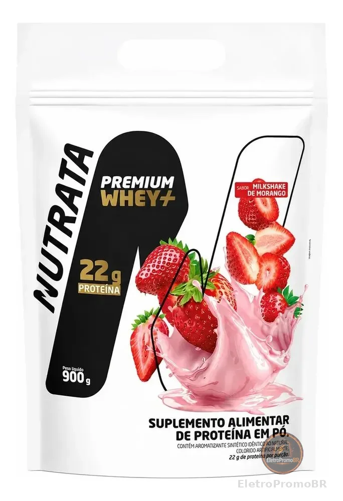 Premium Whey+ Refil Sabor Morango - Nutrata 900g Morango