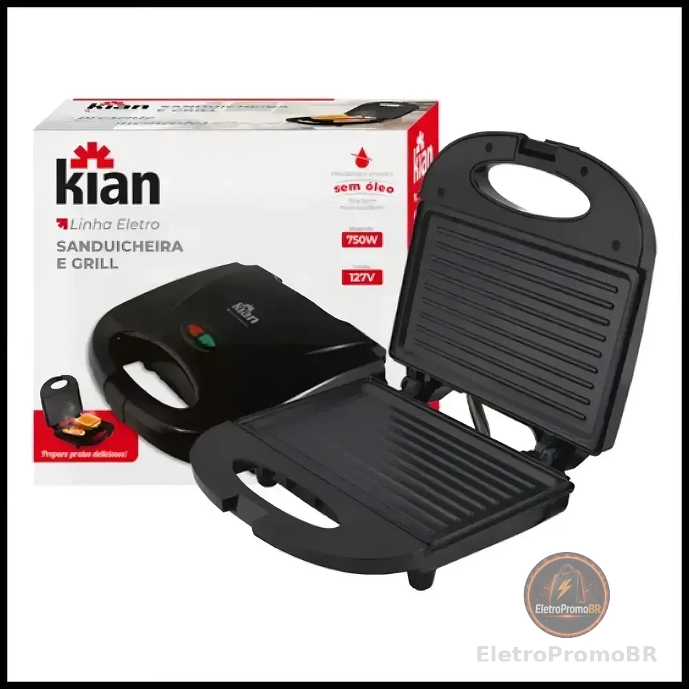 Sanduicheira Grill 2 Em 1 Kian Preta Elétrica 750w Cor Preto,seu Mixto Quente Ultra Rápido, E Outros Petiscos 127v
