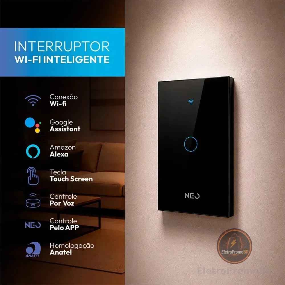 Interruptor Smart Inteligente Wi-fi 2.4 GHz Alexa google 1 Botão 4x2 Bivolt Preto Cod: 291990365 Neo Avant