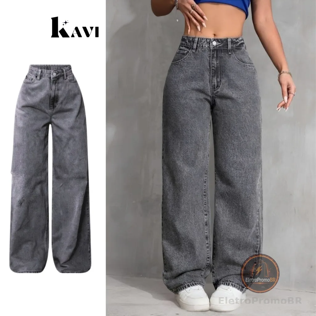 Calça Wide Leg Jeans Feminina Cintura Alta Pantalona