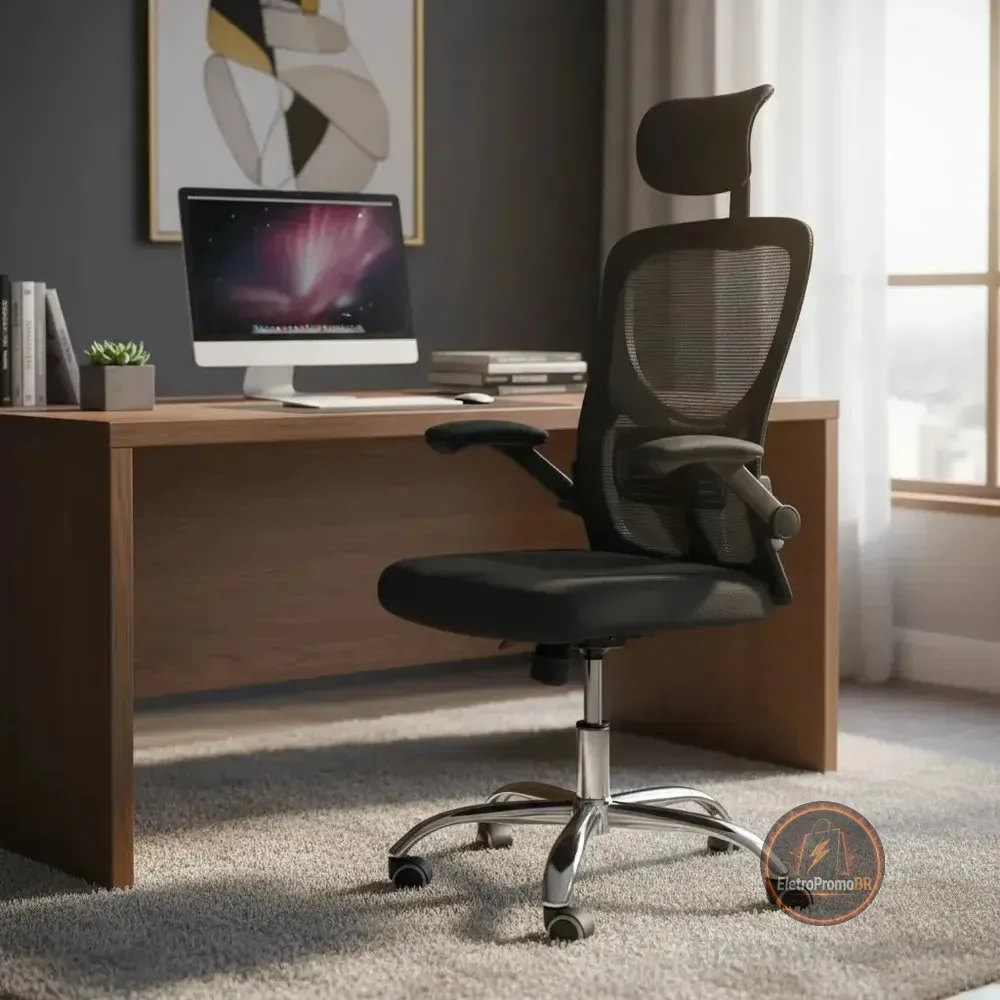 Cadeira De Escritório Ergonômica Ravena Apoio Lombar E Nuca Preto Espuma, Mesh Respirável