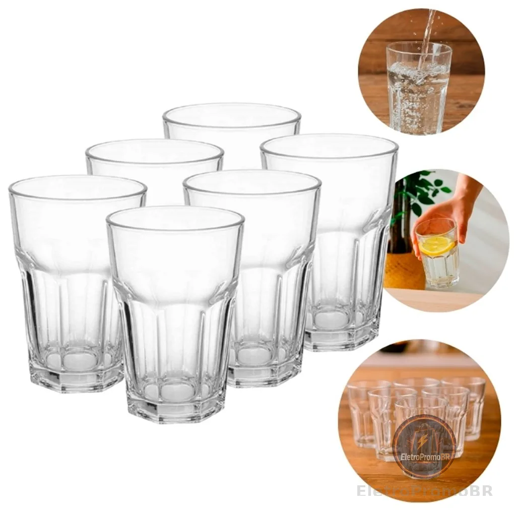 Jogo de Copos 6 Unidades 360ml Vidro Bristol Transparente - Bela Flor