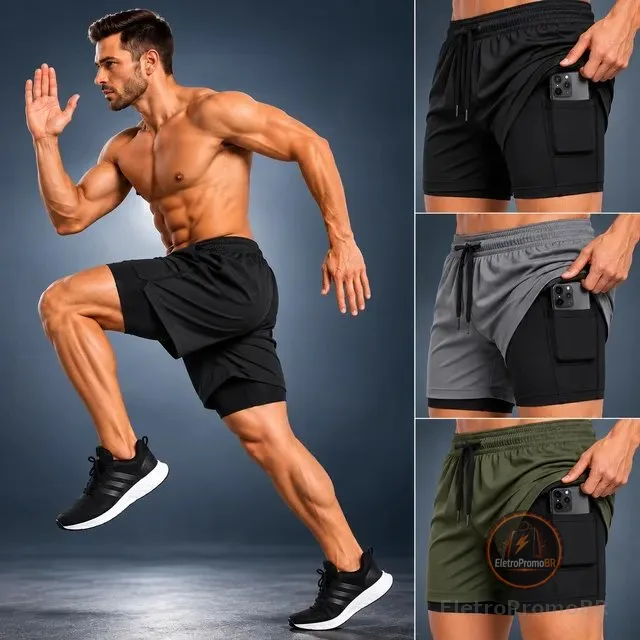 Kit 3 Short Duplo 2 Em 1  Com Bolso Celular Academia Treino