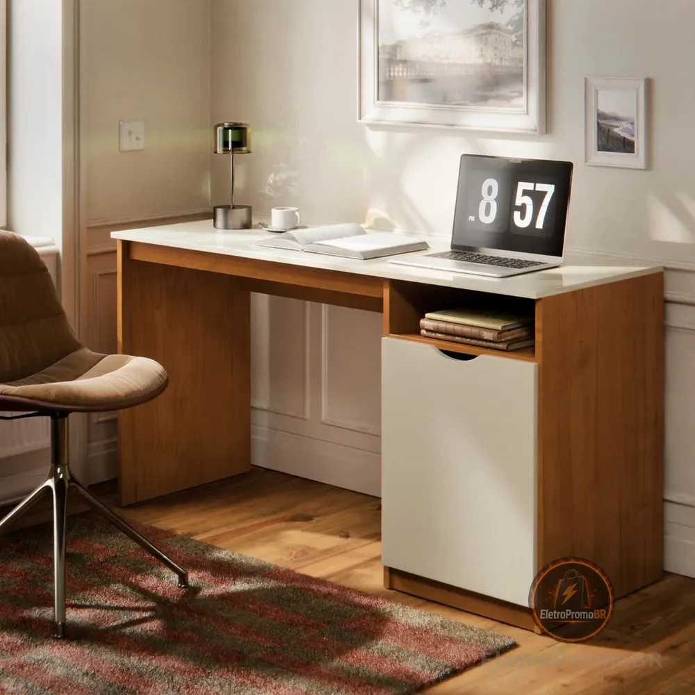 Escrivaninha Para Computador 115cm Com Porta E Nicho Mesa Home Office Escritório Quarto Estudo Notebook Moderna Canela Off White