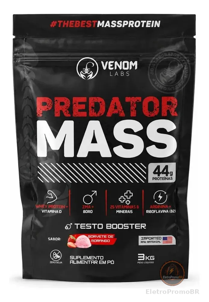 Hipercalórico Predator Mass 3kg (44g Proteínas) Venom Labs Sabor Sorvete De Morango