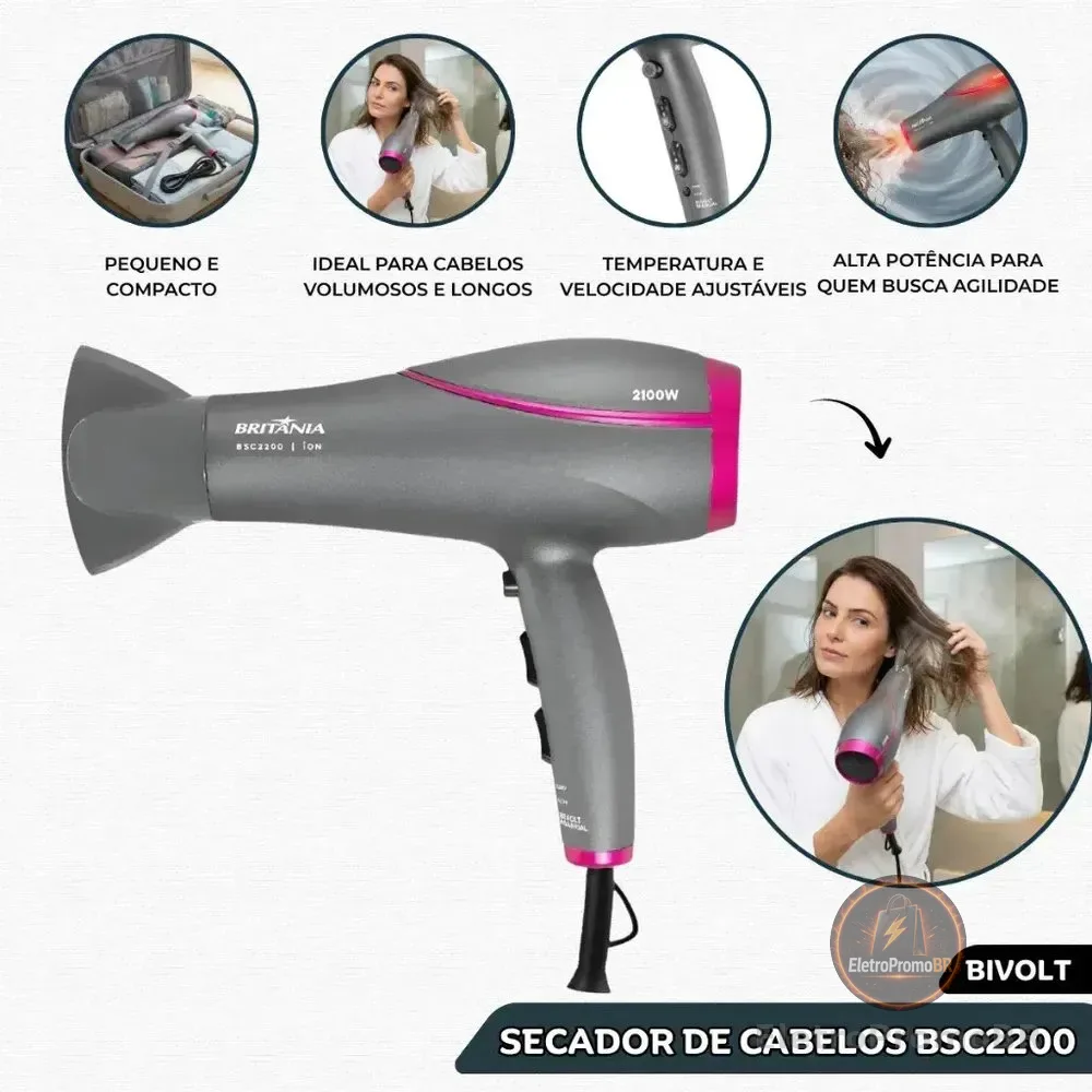 Secador De Cabelos Britânia BSC2200 Bivolt 2100w Com Tecnologia Tourmaline Íons - 2 velocidades + 3 temperaturas + jato de ar frio