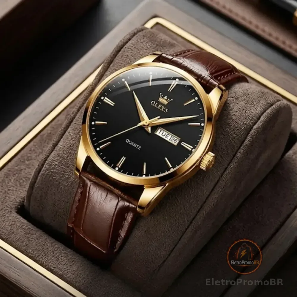 Relógio Social Masculino A Prova D'água Couro Olevs Luxo Nf Marrom Dourado Preto