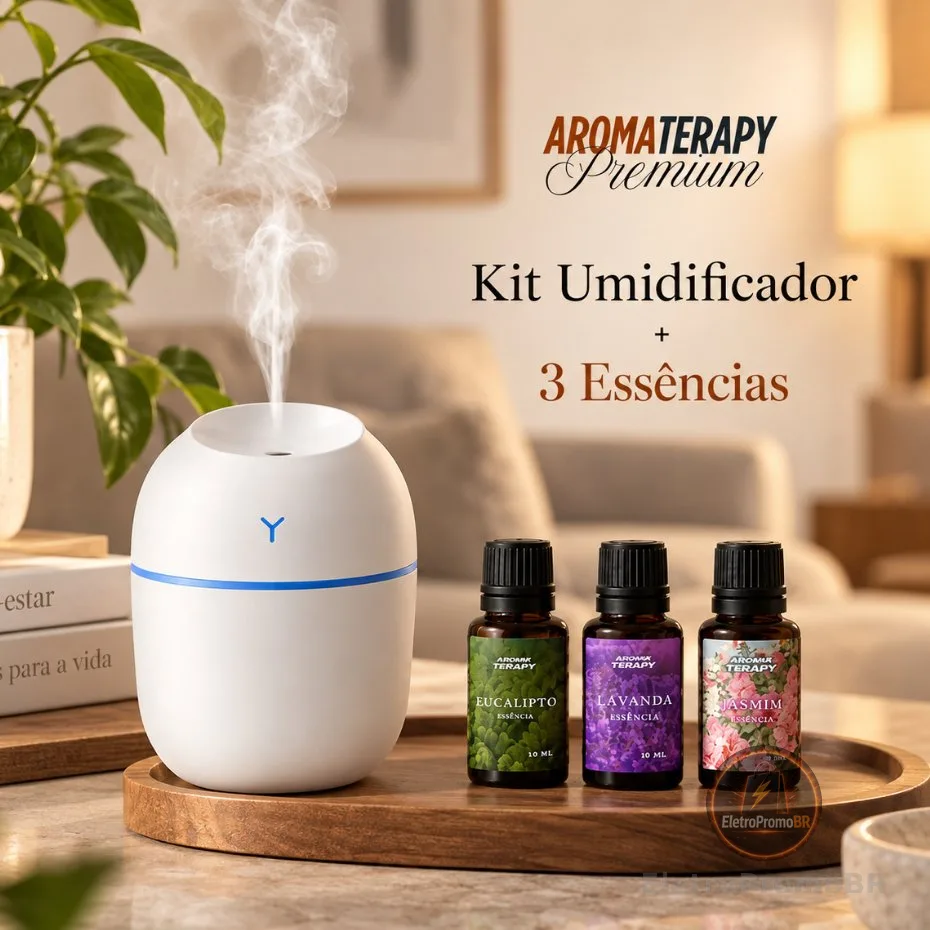 Kit de Umidificador Aromatizador com 3 Essências | Difusor de Ambient + Essências Aromatizantes 20ml