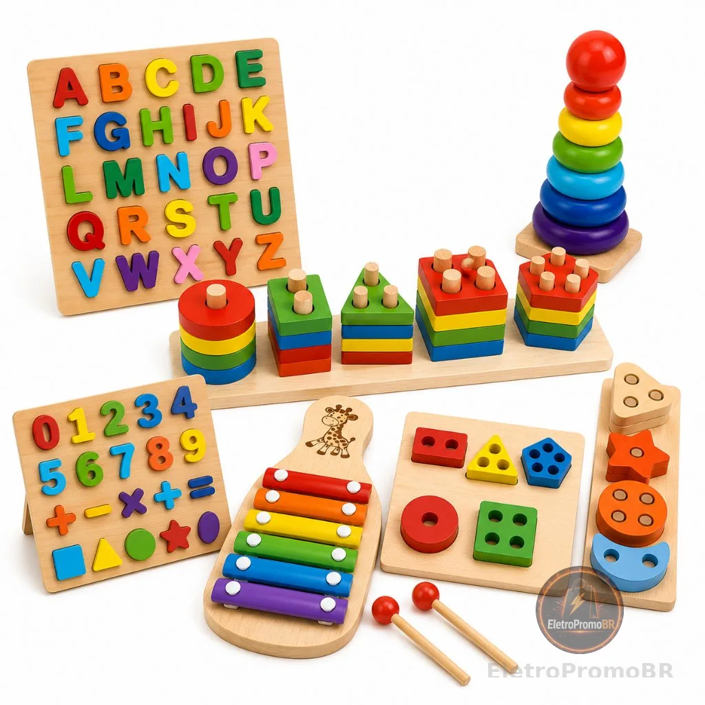 Kit de Brinquedo Educativo Montessori de Madeira - Formas Geométricas - 3 Jogos