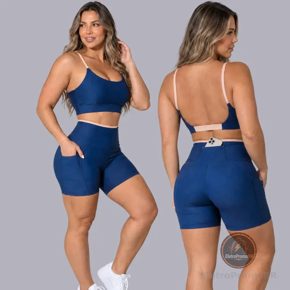 Conjunto Academia Fitness Top E Short Kit Zero Transparência Azul/areia Liso M 38/40
