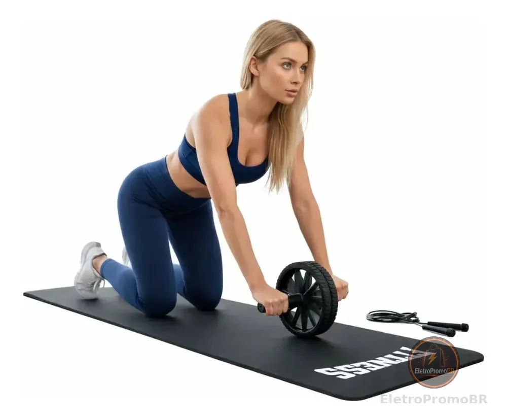 Kit Academia Corda Colchonete Roda Abdominal Treino Em Casa Preto