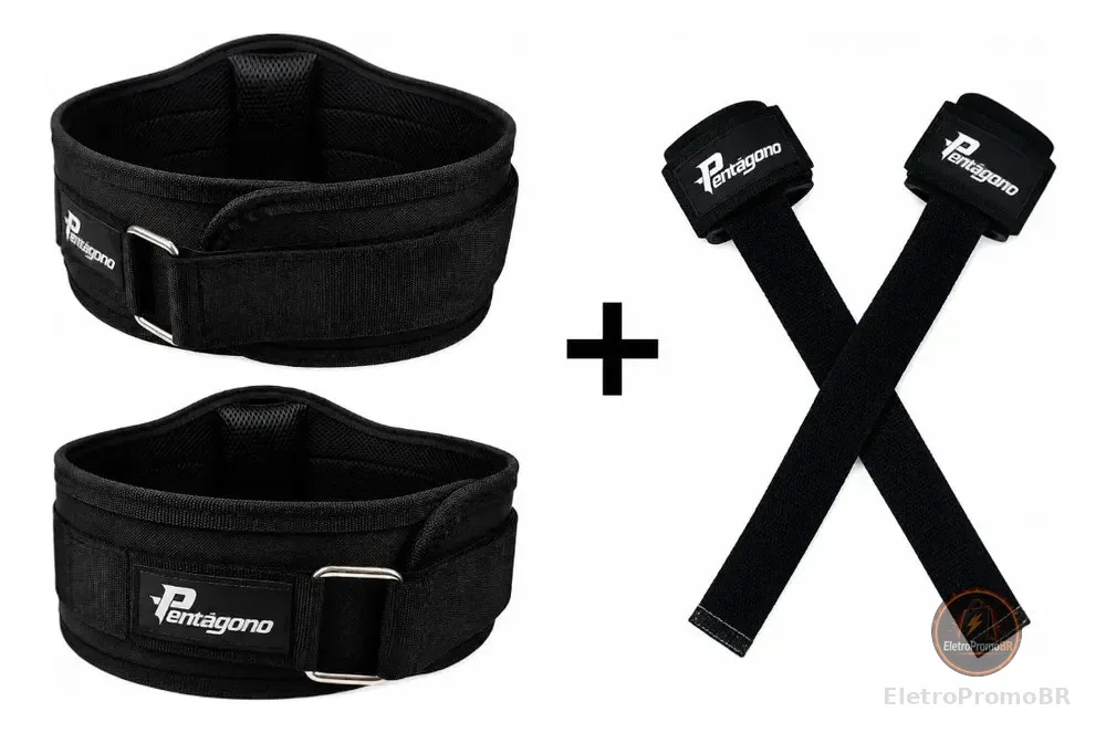 Kit 01 Cinturão Musculação Sport + 01 Par De Strap Long Grip Preto Único Ajustável (para Medidas De Abdome Entre 64 E 105 Cm)