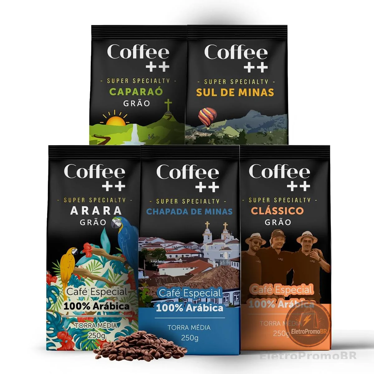 Kit 5 Pacotes Café Especial em Grãos Coffee Mais Variedades: Arara, Sul de Minas, Caparaó, Chapada de Minas e Clássico - 100% Arábica (5x250g)