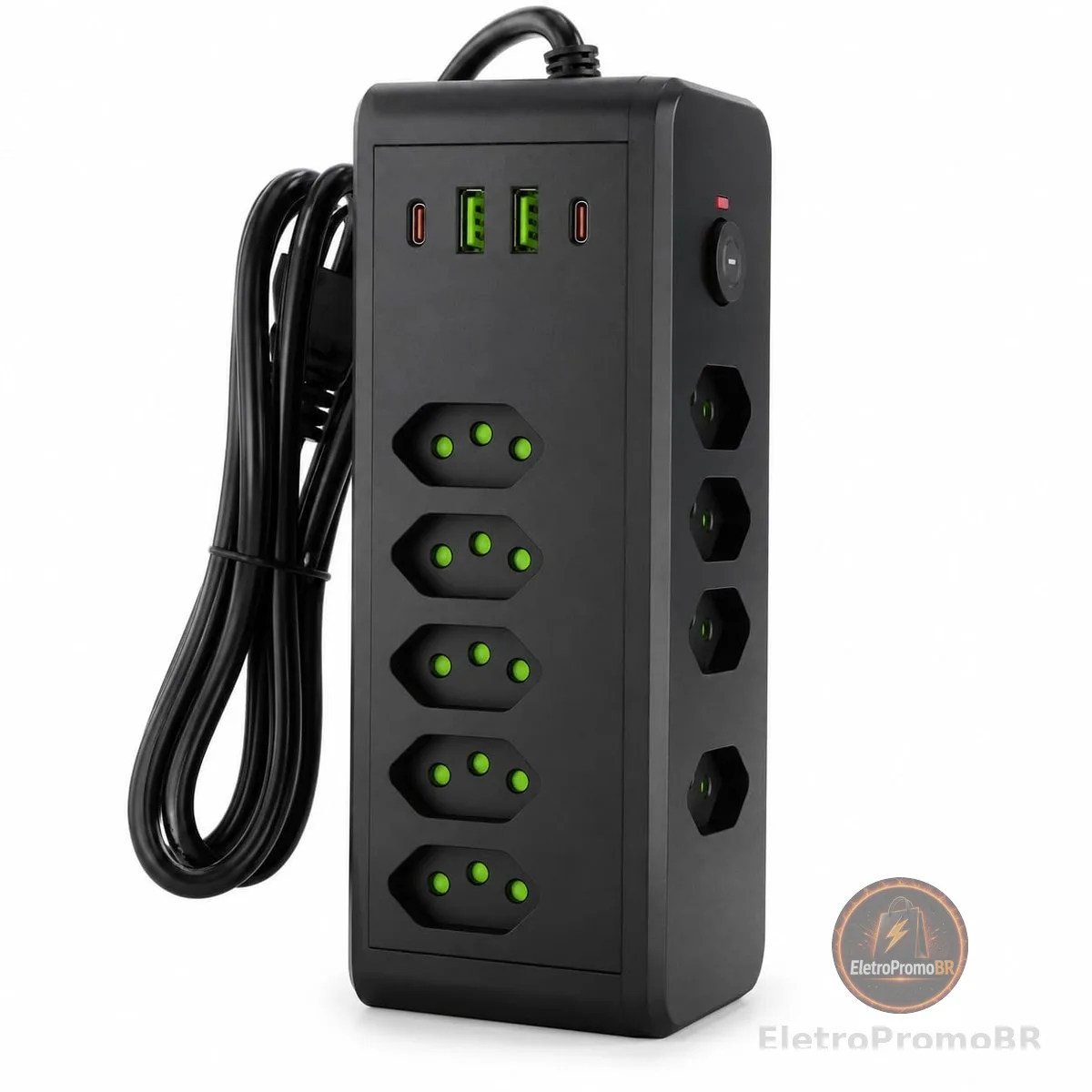 Filtro de Linha Torre de Tomadas, 8 Tomadas + 2 USB-A + 2 USB-C, Formato Vertical Compacto, 2500W 10A, Cabo 2m, para Home Office e Setup