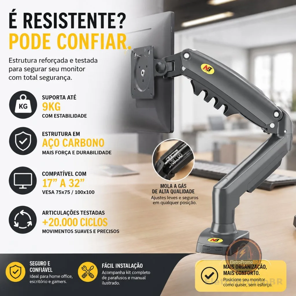 Suporte Articulado de Mesa F80NB com Pistão a Gás para Monitores de 17'' a 35'' Preto ELG