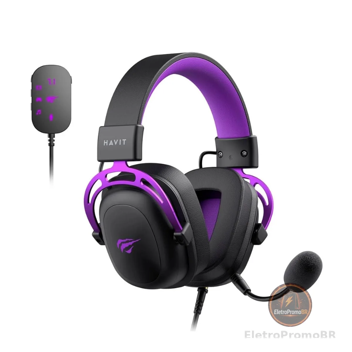 Headset Gamer Havit Gamenote H2002C + U Adaptador USB 7.1, P3, Adaptador P2 para PC, Microfone Destacável, Preto/Roxo