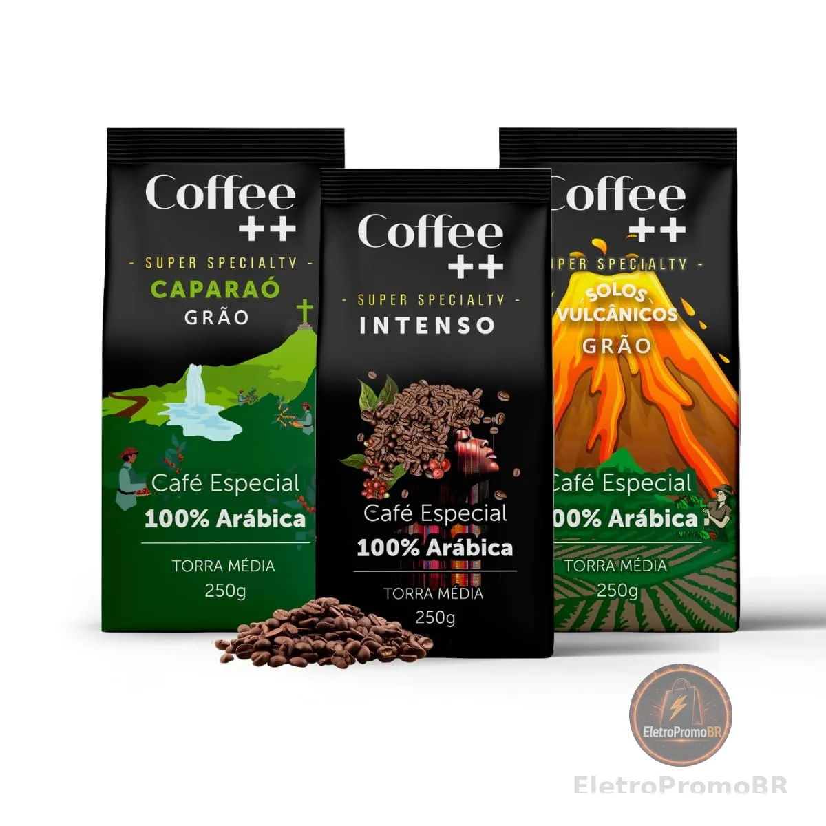 Kit 3 Pacotes Café Especial em Grãos Coffee Mais Variedades: Caparaó, Intenso e Solos Vulcânicos - 100% Arábica (3x250g)
