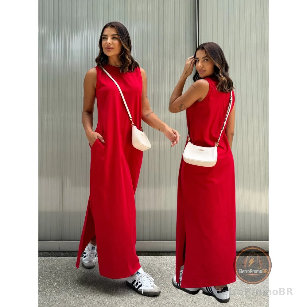 Vestidos Feminino Longo Soltinho Tendência Moda Blogueira Elegante Algodão