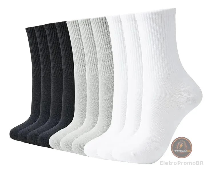 Kit 12 Pares Meia Cano Medio Academia Alto Longo Sport Cores Mista Masculina Liso 40-46 Cano Médio