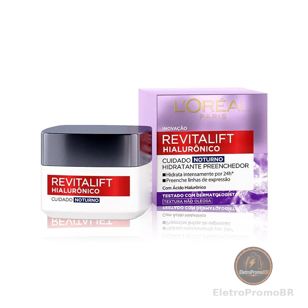 L'Oréal Paris Revitalift Hialurônico Creme Facial Noturno, com Ácido Hialurônico Puro, Com textura leve, preenche linhas de expressão e hidrata a pele intensamente por 24h, 49g