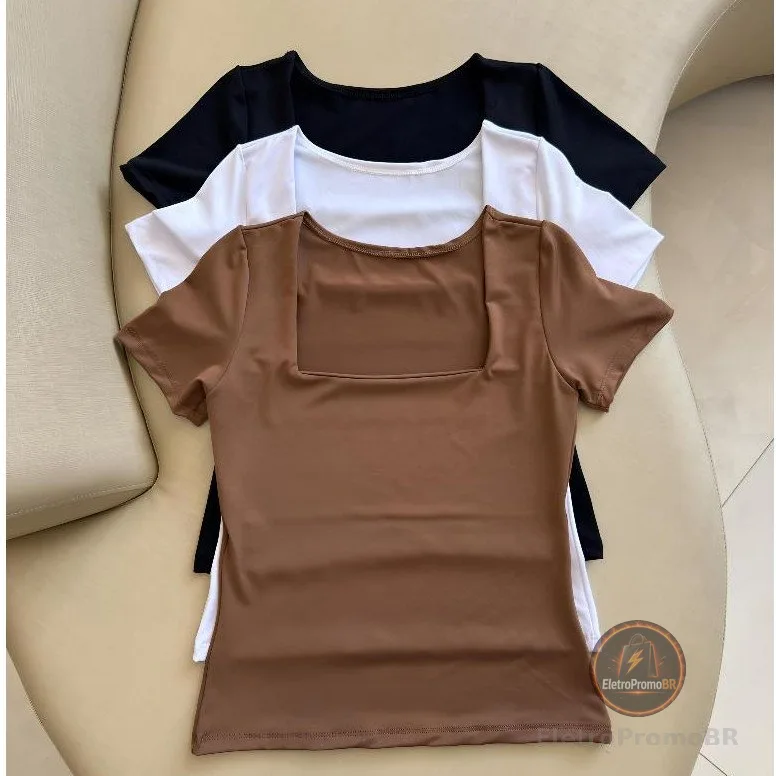 kit 3 Blusas Feminina Baby Look Manga Curta Gola Quadrada Decote Quadrado Moda Casual Versátil Blogueira 2025
