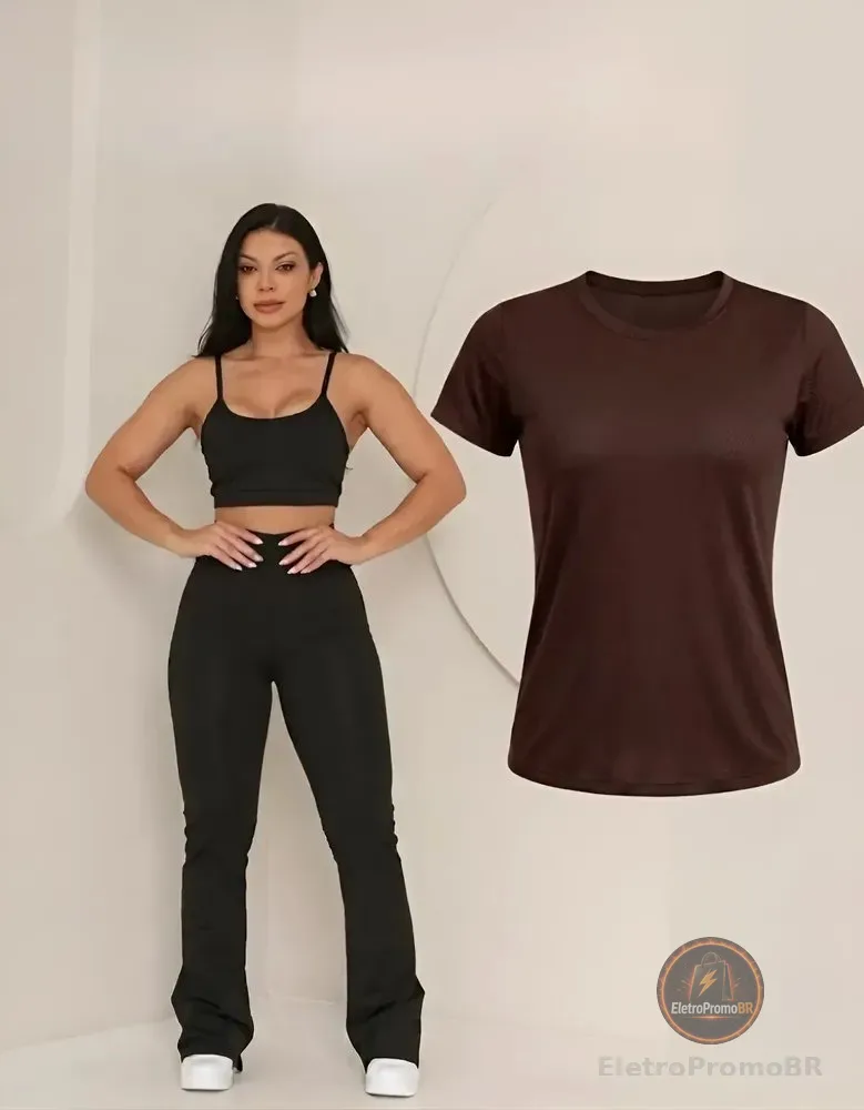 Kit Conjunto Feminino Academia Calça Flare Top + Blusa Dry Marrom Gg